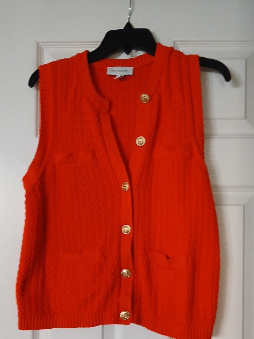 Sleeveless Bright Orange Knit Cardigan with Gold Buttons